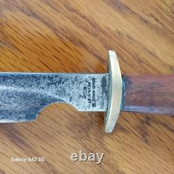 Vintage Fred Bizon Handcrafted Slim Bowie Knife, Tooled Leather Sheath