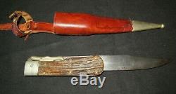 Vintage German Folding Hunting Knife Pig Sticker/stag Handle +leather Sheath