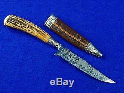Vintage German Germany Carved Stag Handle Engraved Hunting Knife with Sheath