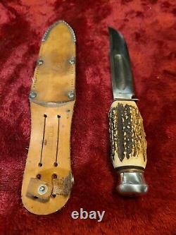 Vintage German Hunting Knife Stag Bone Solingen SS withcase WWII era Sportsman old