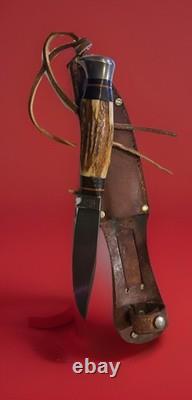 Vintage German PIC Solingen Fixed Blade Hunting Knife Stag Handle Sheath Mint