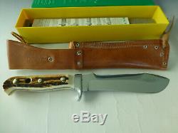 Vintage German Puma White Hunter Knife #6377 With Case Tag Paper Leather Sheath