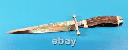 Vintage German Solingen Hubertus Knife Dagger Stag Horn Etched Blade Design