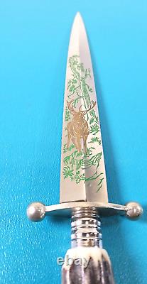 Vintage German Solingen Hubertus Knife Dagger Stag Horn Etched Blade Design