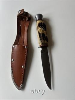 Vintage German Solingen Knife Ackermannchen Heidelberg Stag Handle Carved Deer