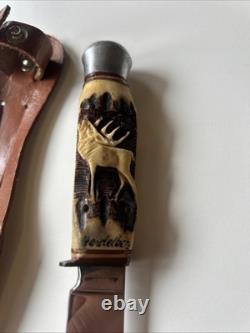 Vintage German Solingen Knife Ackermannchen Heidelberg Stag Handle Carved Deer
