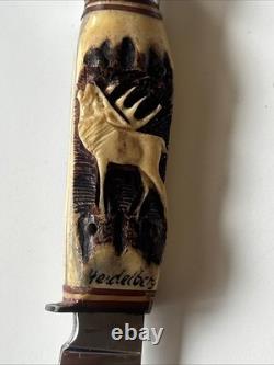 Vintage German Solingen Knife Ackermannchen Heidelberg Stag Handle Carved Deer