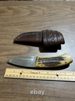 Vintage Hand Forged Hunting Knife With Stag Handle And Very Nice Leather Sheath