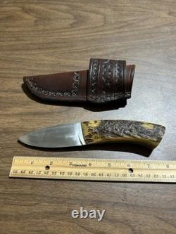 Vintage Hand Forged Hunting Knife With Stag Handle And Very Nice Leather Sheath