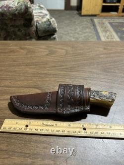 Vintage Hand Forged Hunting Knife With Stag Handle And Very Nice Leather Sheath