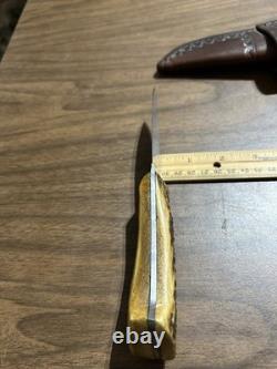 Vintage Hand Forged Hunting Knife With Stag Handle And Very Nice Leather Sheath