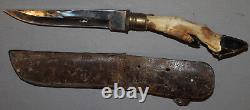 Vintage Hand Made Steel Hunting Knife With Hoof Handle And Leather Sheath