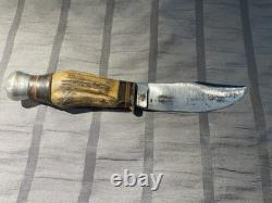 Vintage Handmade Antler Handle Hunting Knife Carbon Steel Drop Point Full Tang