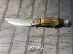 Vintage Handmade Antler Handle Hunting Knife Carbon Steel Drop Point Full Tang