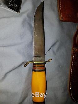 Vintage Hunting Type Knife Marked Kinfolks USA MY65 Celluloid Handle and hatchet