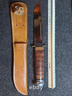 Vintage KA-BAR 1207 USA 6 Stacked Leather Hunting Knife & Original Sheath MINT