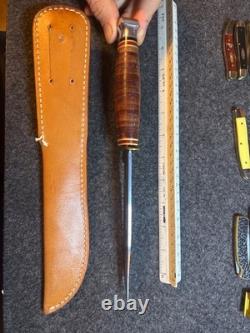 Vintage KA-BAR 1207 USA 6 Stacked Leather Hunting Knife & Original Sheath MINT