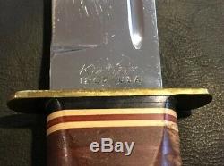 Vintage KaBar 1207 Fixed Blade Hunting Knife Vietnam Era, Stacked Leather Handle