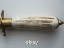 Vintage Knife Antler Handle Old Men's Fixed Rare Sheath Brass Stiletto Dagger