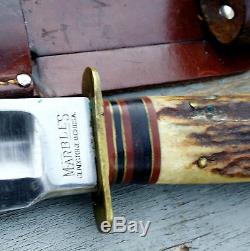 Vintage MARBLES GLADSTONE Fixed Blade HUNTING KNIFE Stag Handle LEATHER SHEATH