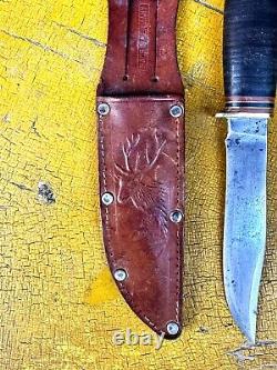 Vintage Marbles Gladstone, MI. Fixed Blade Knife & Leather Deer Stag Sheath