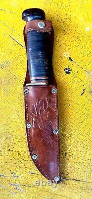 Vintage Marbles Gladstone, MI. Fixed Blade Knife & Leather Deer Stag Sheath