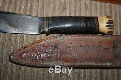 Vintage Marbles Knife Leather Disc Handle Stag Pommel Butt Hunting Brass Guard