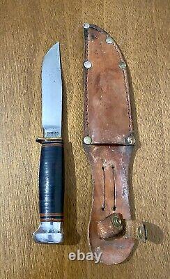 Vintage Marbles Stacked Leather Handle Knife With Original Sheath Gladstone MI USA