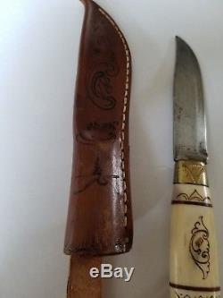 Vintage Norge Knife With Sheath Bone Handle Fixed Blade Hunting Collectible