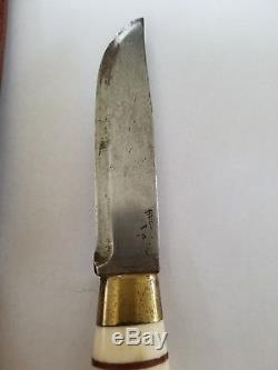 Vintage Norge Knife With Sheath Bone Handle Fixed Blade Hunting Collectible