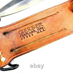 Vintage Rare Gerber USA 020910 Fixed Blade Knife, Combo Blade with Leather Sheath