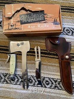 Vintage Rare Western USA Axe-Knife Axe Bowie Survival Knife Set WithSheath/Box