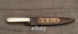 Vintage S. L. Signed Damascus Gaucho Handmade Bowie Knife Cow Bone Handle Sheath