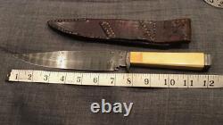 Vintage S. L. Signed Damascus Gaucho Handmade Bowie Knife Cow Bone Handle Sheath