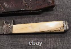 Vintage S. L. Signed Damascus Gaucho Handmade Bowie Knife Cow Bone Handle Sheath