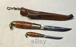 Vintage Set 2 Horse Head Finland Pukko Hunting Dagger Knife WithLeather Sheath