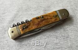 Vintage Solingen Germany Folding Pocket Hunting Multi Tool Knife Stag Handle