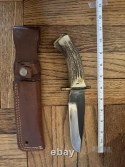 Vintage Stag Handle Hunting Knife with Leather Sheath 9 Fixed Blade