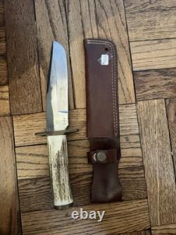 Vintage Stag Handle Hunting Knife with Leather Sheath 9 Fixed Blade