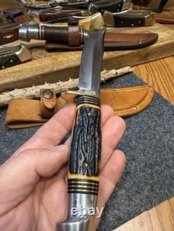 Vintage Stag Handle Western S-H 66 Fixed Blade Hunting Knife Stainless USA Made