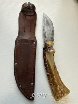 Vintage Swedish Antler Handle Hunting Skinning Knife Faint Sandvik Sweden Mark