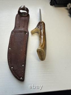 Vintage Swedish Antler Handle Hunting Skinning Knife Faint Sandvik Sweden Mark