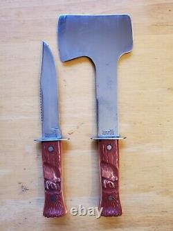 Vintage USA Imperial fixed blade hunting knife and hatchet set with sheaths