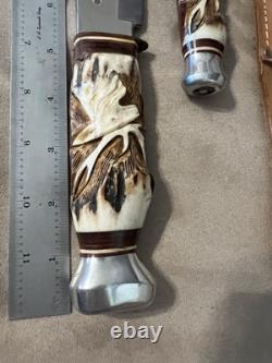 Vintage W. Willms Bowie Hand Carved Stag Piggyback Germany Knife Hunting Set