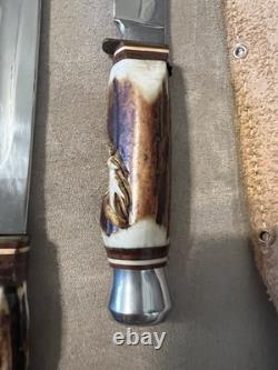 Vintage W. Willms Bowie Hand Carved Stag Piggyback Germany Knife Hunting Set