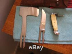 Vintage WESTERN Pearl Fixed Blade Hunting Knife & Axe Hatchet Combo Set w Sheath