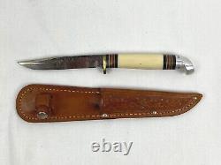 Vintage Western 7 1/4 White Hunting Knife with Leather Sheath Boulder Colorado