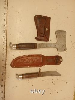 Vintage Western Boulder Colo. L66 Fixed Blade Knife & Hatchet Axe Combo withSheath