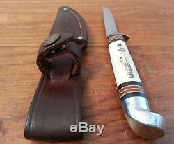 Vintage Western Boulder Colo hunting knife Scrimshaw bird trout skinner witho. Case