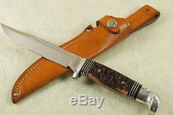 Vintage Western Fixed Blade Hunting Knife S648A Stag Handle Leather Sheath NICE